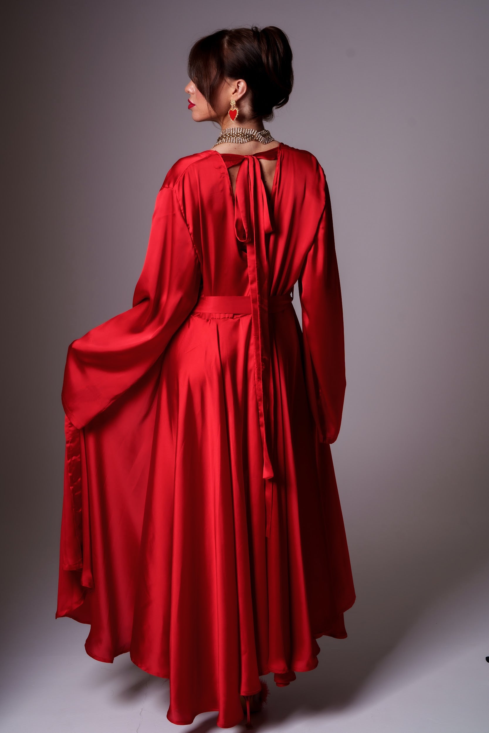 Scarlet silk robe with a bow