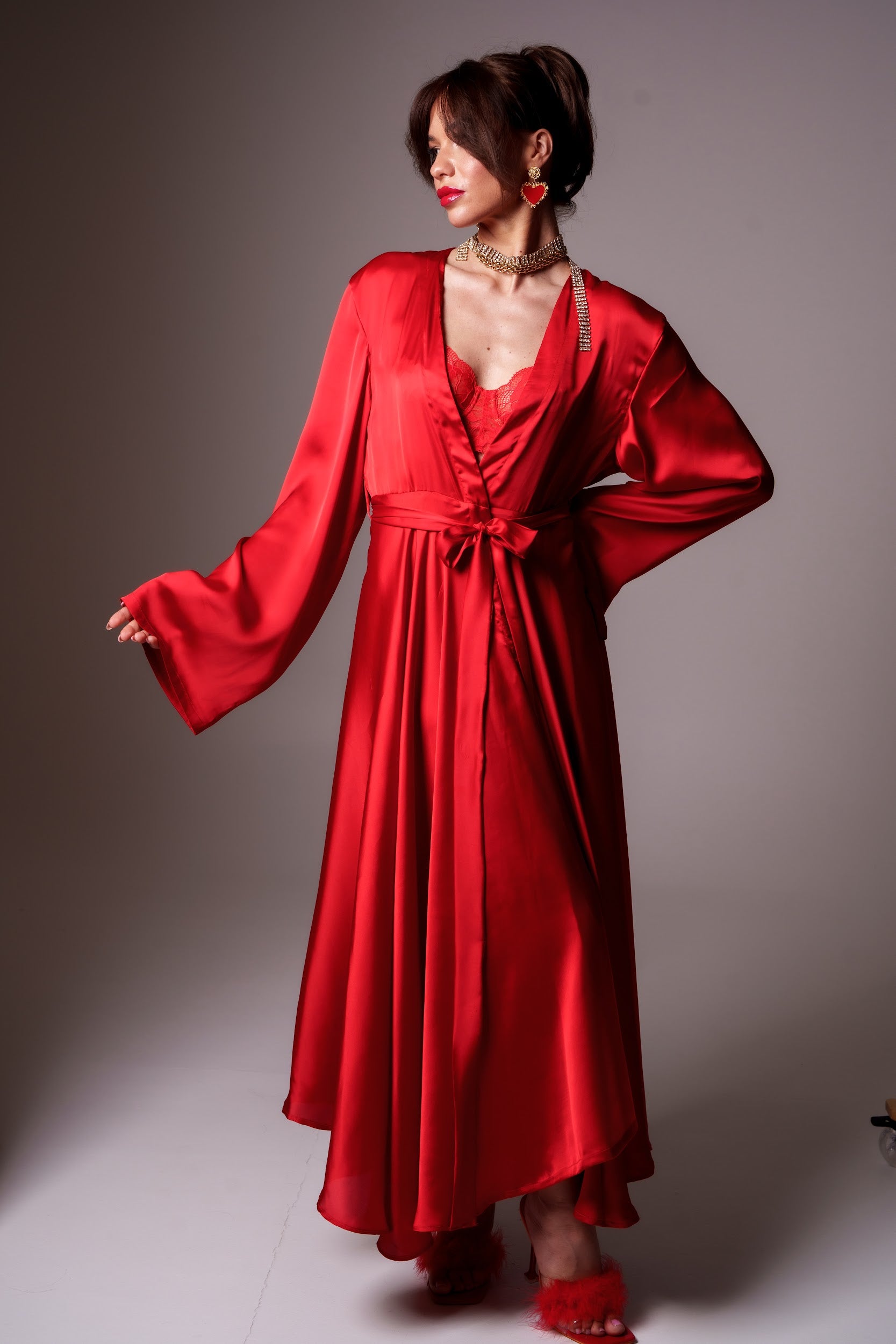 Scarlet silk robe with a bow