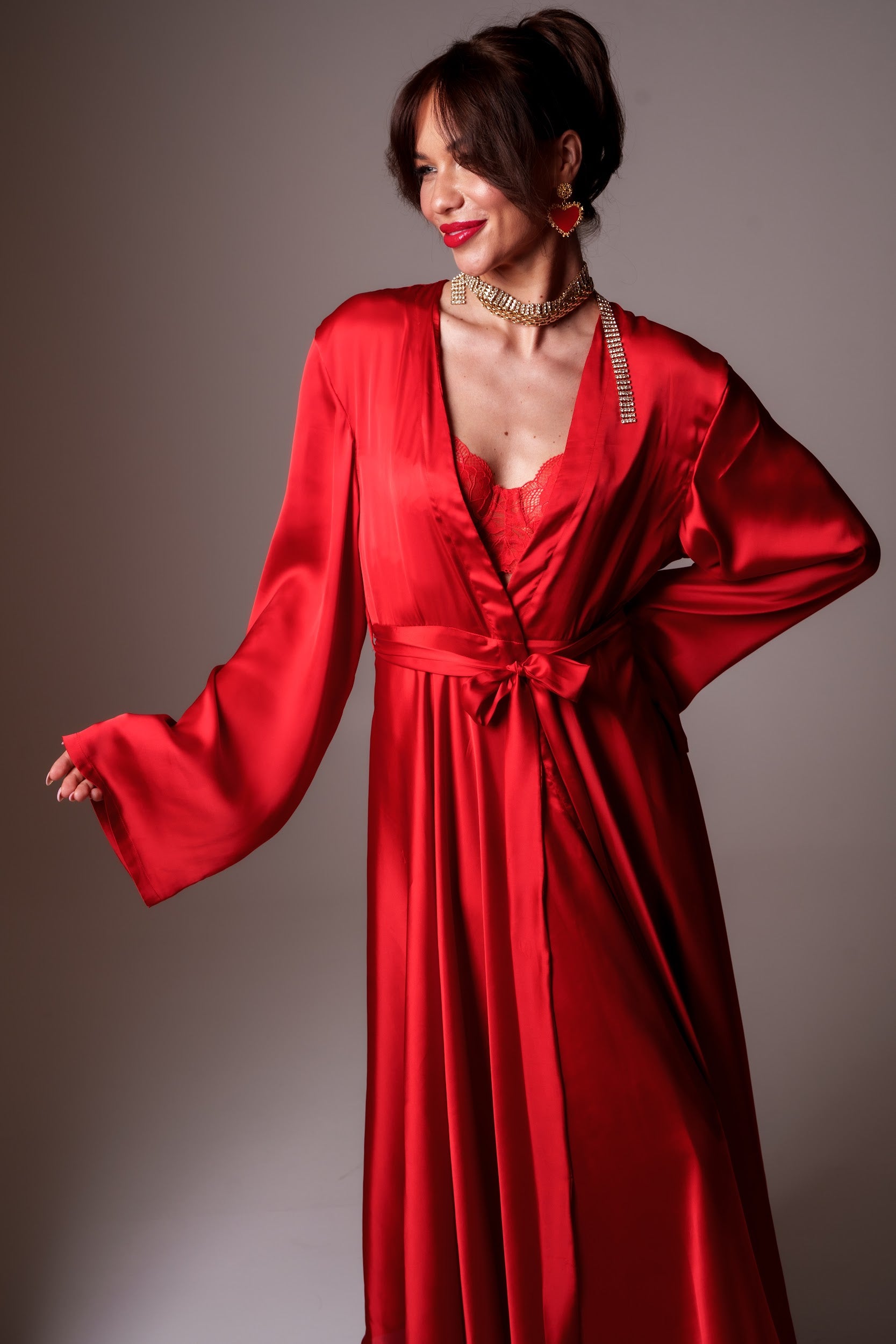 Scarlet silk robe with a bow