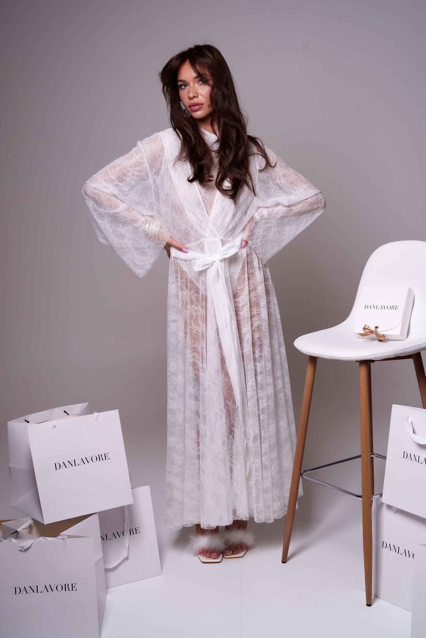 Champagne lace maxi robe with a bow