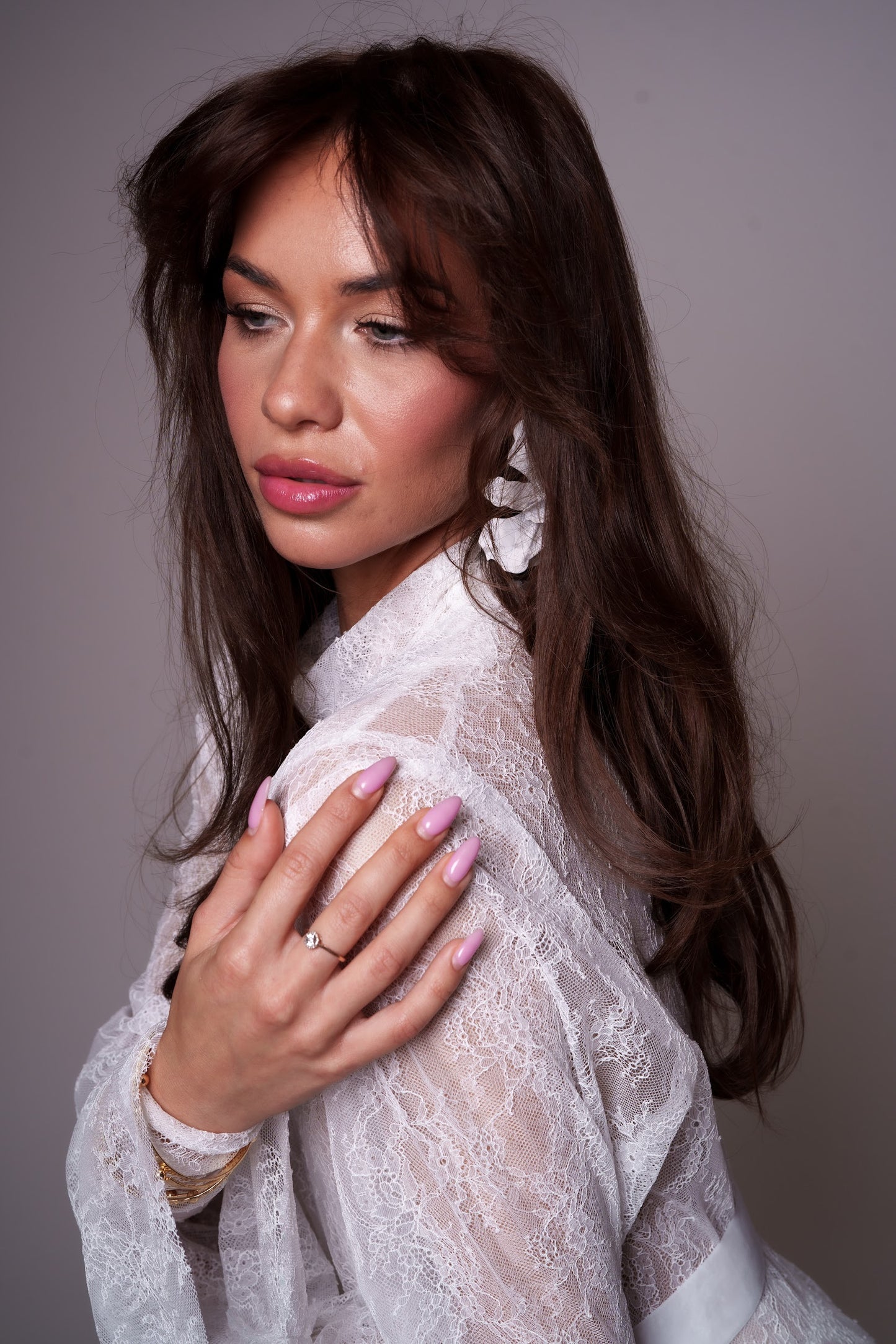 Champagne lace maxi robe with a bow