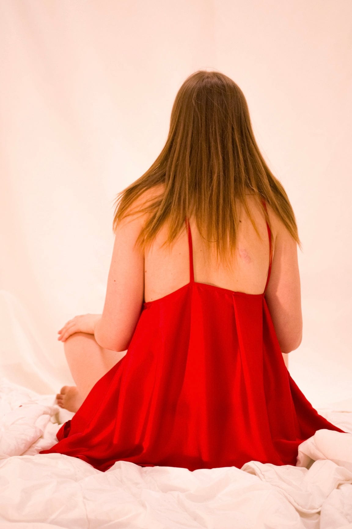 Red slip dress with baby pink lace